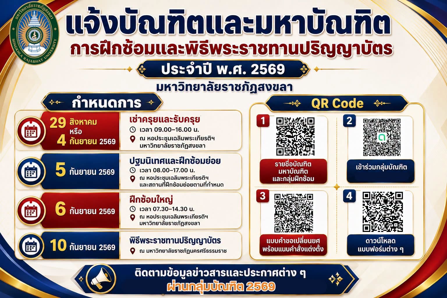 แจ้งบัณฑิตและมหาบัณฑิต การฝึกซ้อมและพิธีพระราชทานปริญญาบัตร ประจำปี พ.ศ. 2569